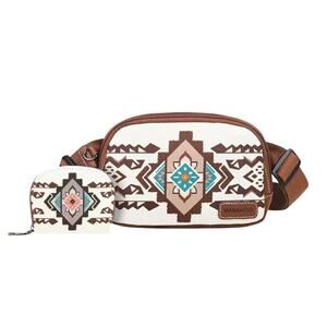 Wan & Kelo Aztec Canvas Crossbody Bag Card Holder Set White Western Boho New